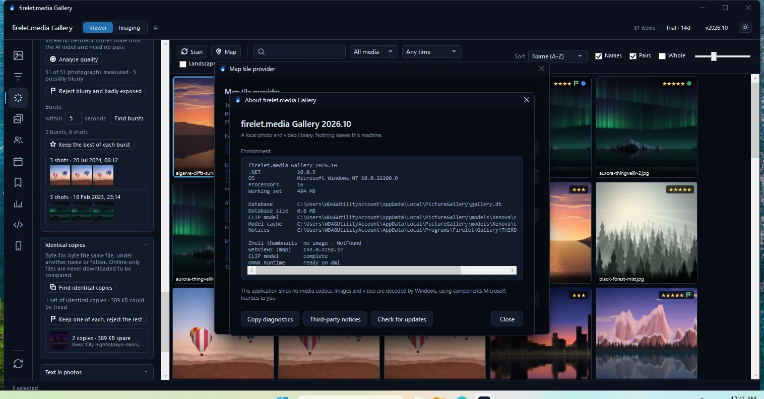 The About firelet.media Gallery window with its environment report and the Copy diagnostics, Third-party notices, Check for updates and Close buttons