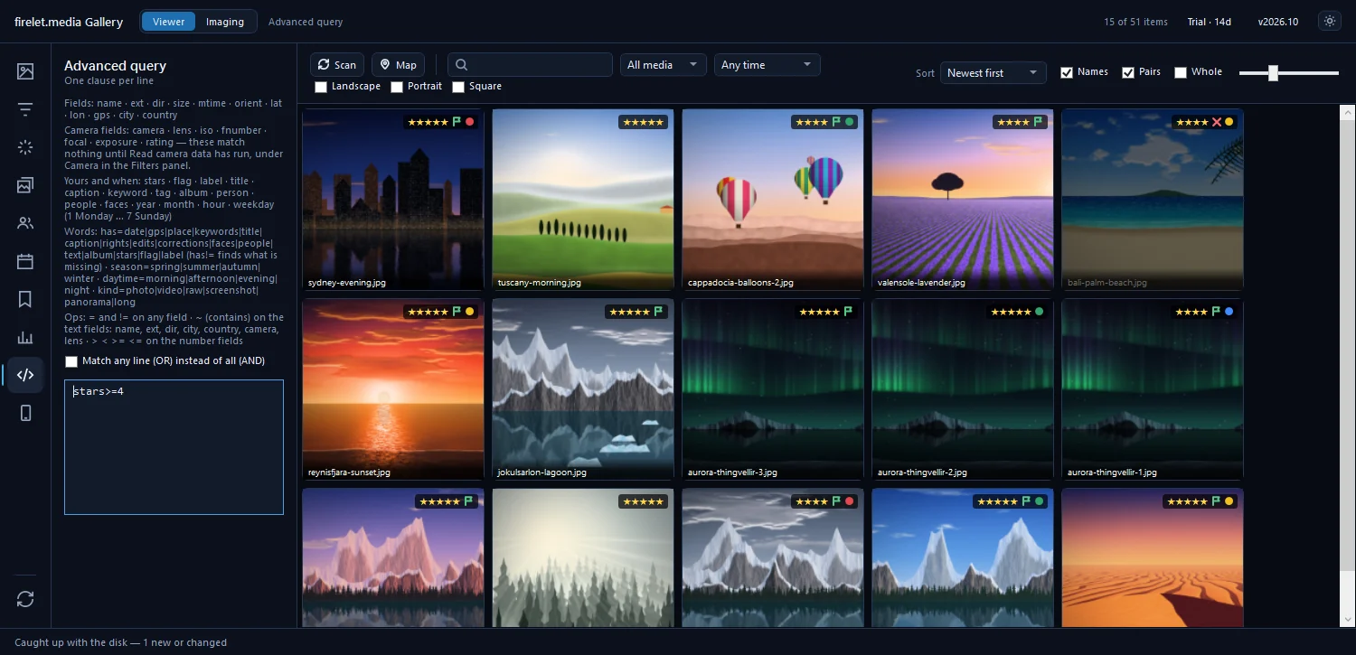Advanced query with the clause season=summer and the grid filtered to summer photos