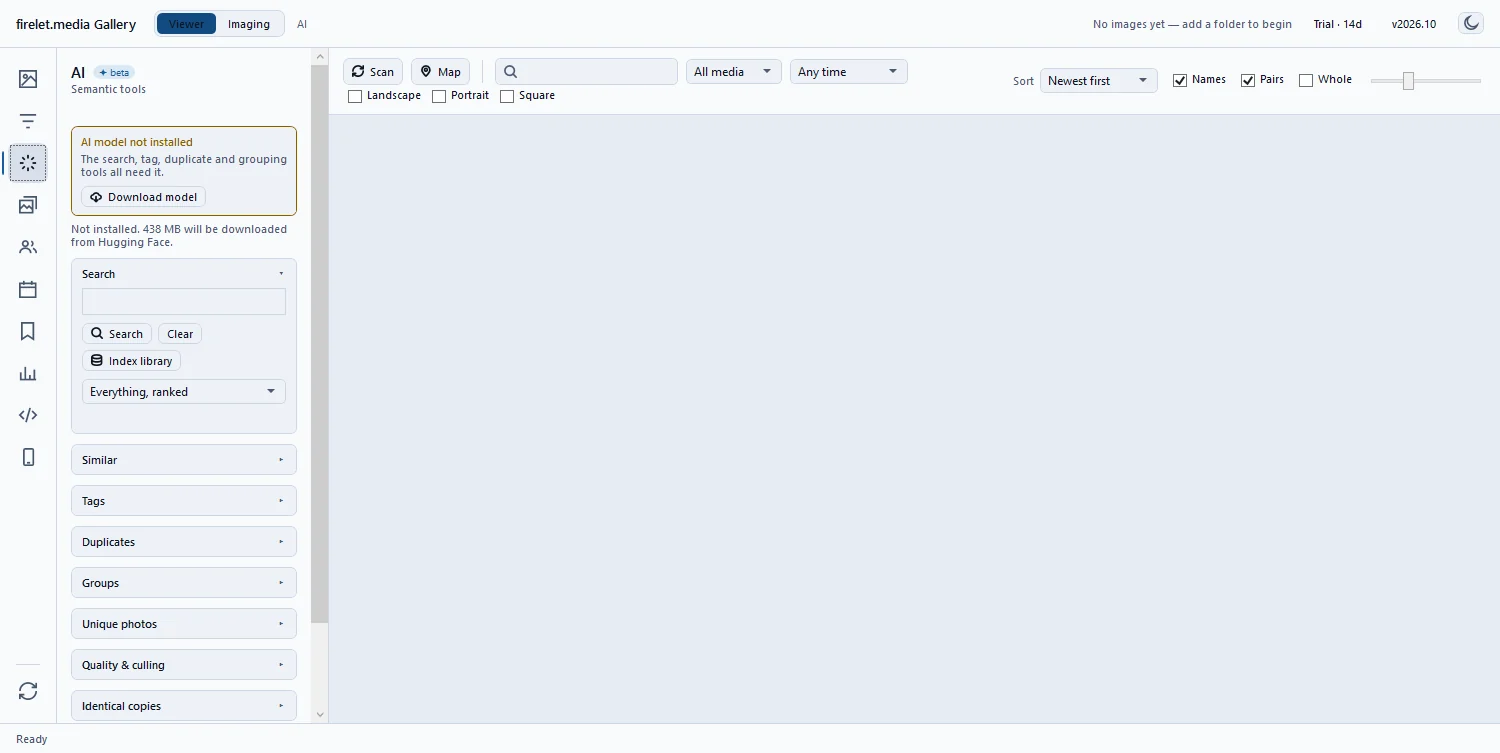 The AI panel before setup, with 'AI model not installed' and the Download model button