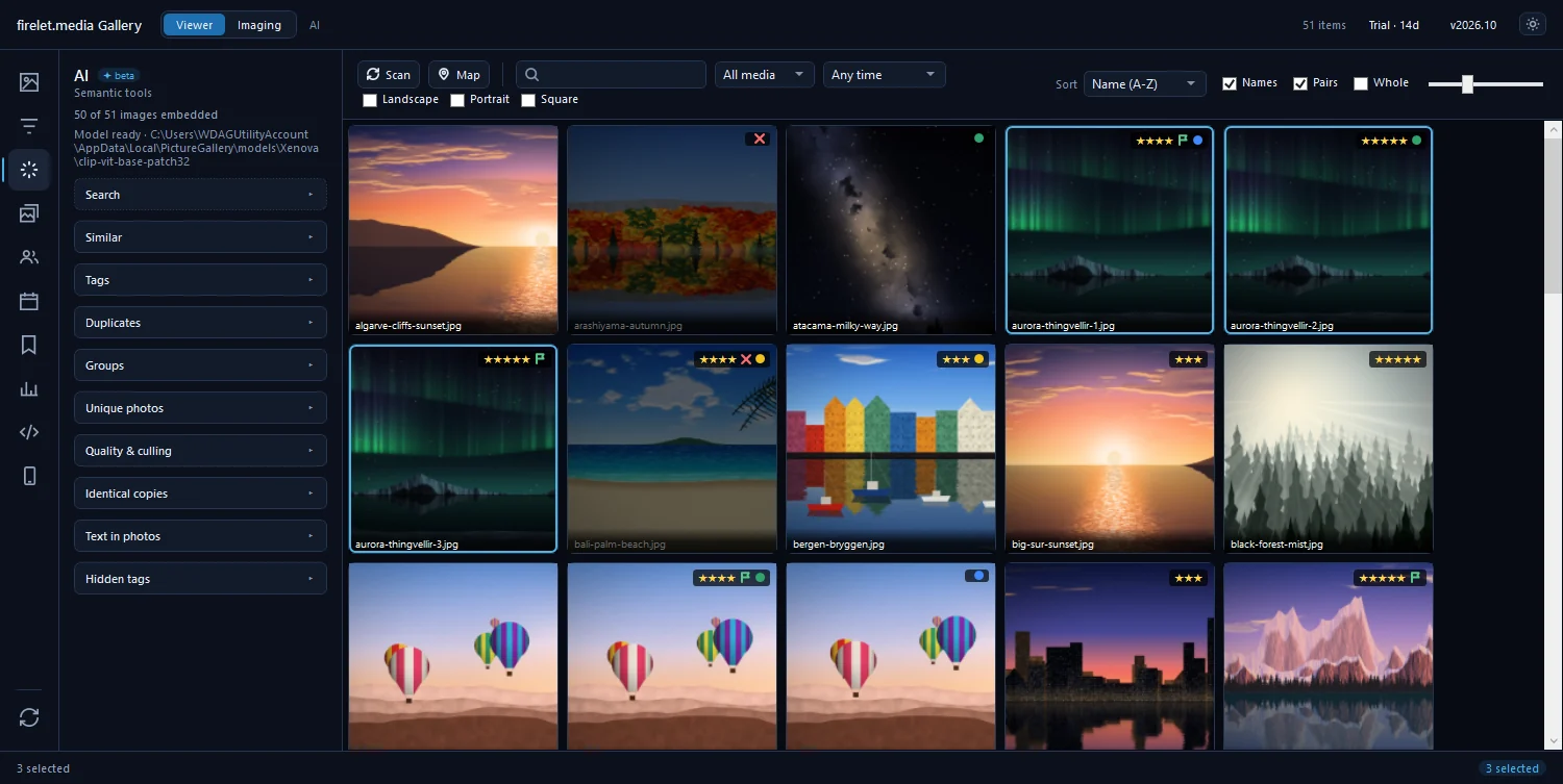 The AI panel after indexing, showing every image embedded and the list of AI tools
