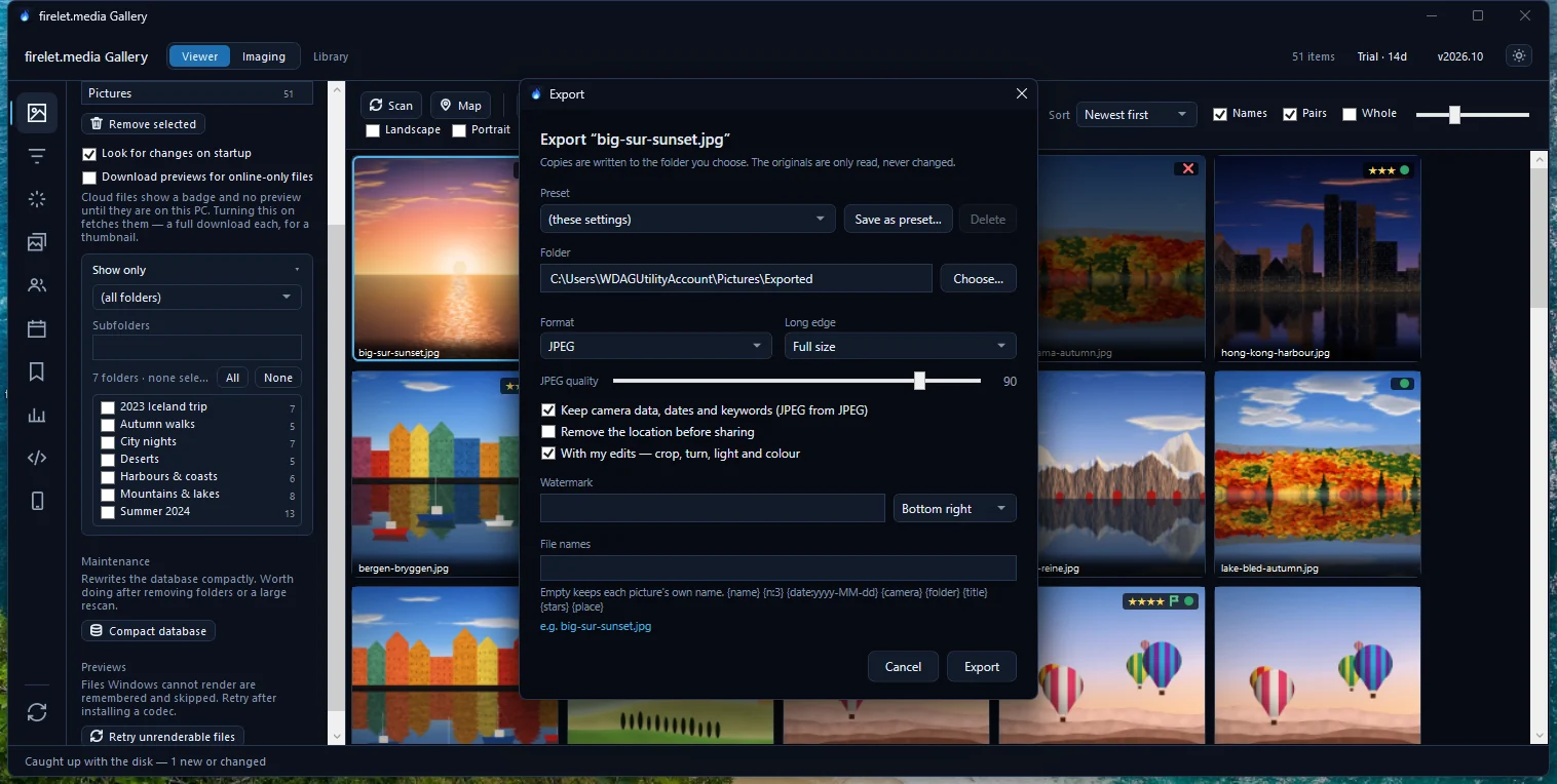 The Export window with Preset, Folder, Format, Long edge, JPEG quality, the metadata and edits tick boxes, Watermark and File names.
