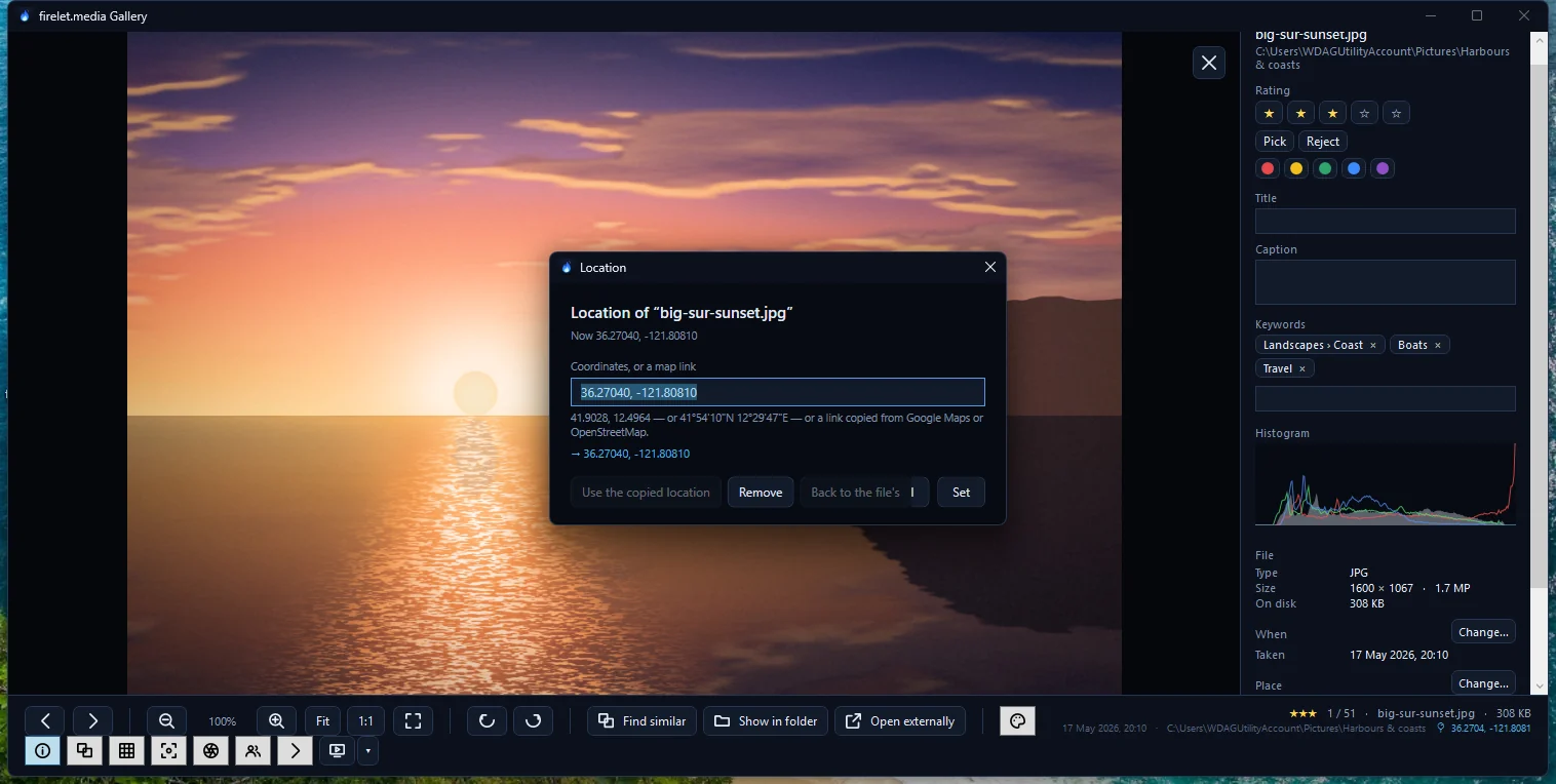 The Location dialog with a box for coordinates or a map link, and the Use the copied location, Remove, Back to the file's and Set buttons.