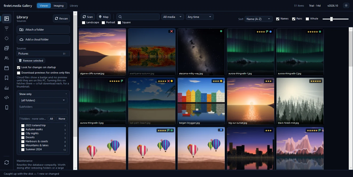 The grid toolbar with Scan, Map, the search box, All media, Any time, Landscape, Portrait, Square, the sort order, Names, Pairs, Whole and the tile size slider