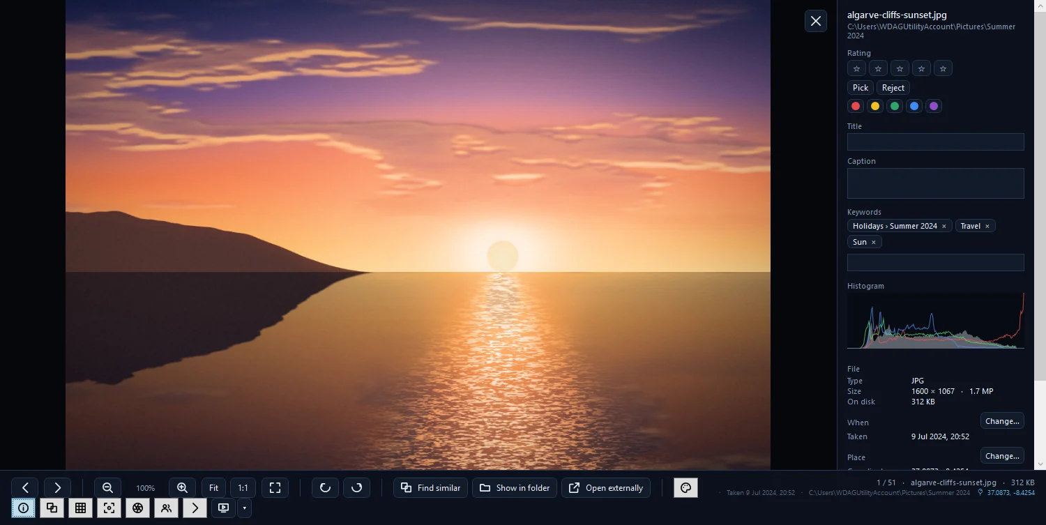 A photo open in the viewer with the info panel showing rating stars, title, caption, keywords, histogram and file details